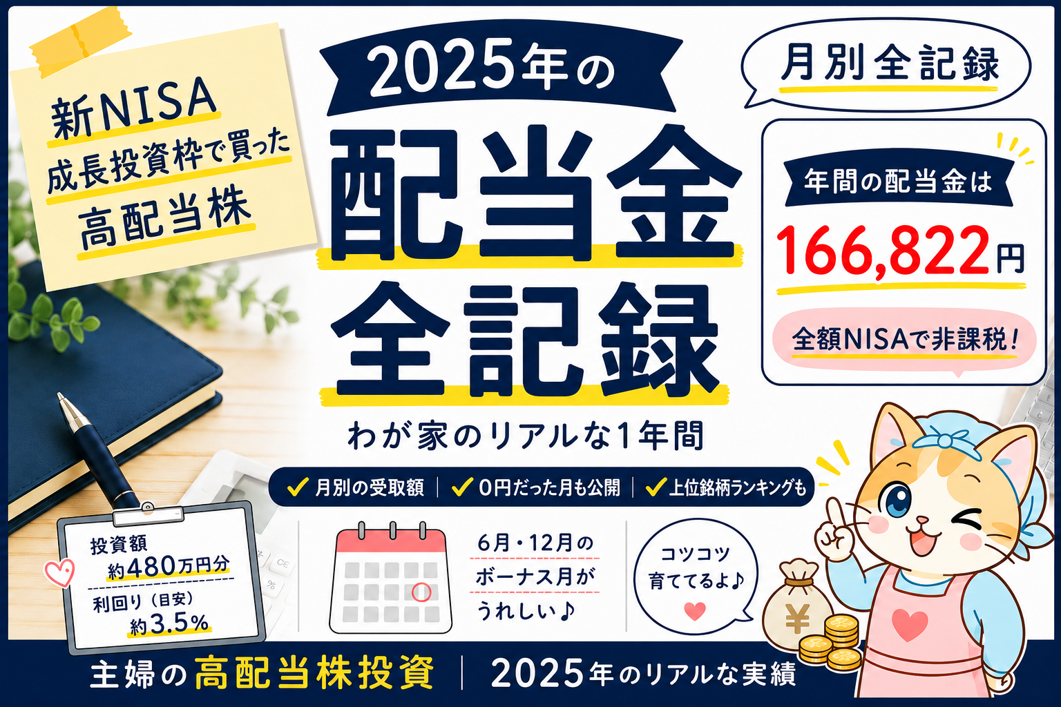 2025年の高配当株の配当金 年間166,822円・全額NISAで非課税の全記録を示す記事のアイキャッチ