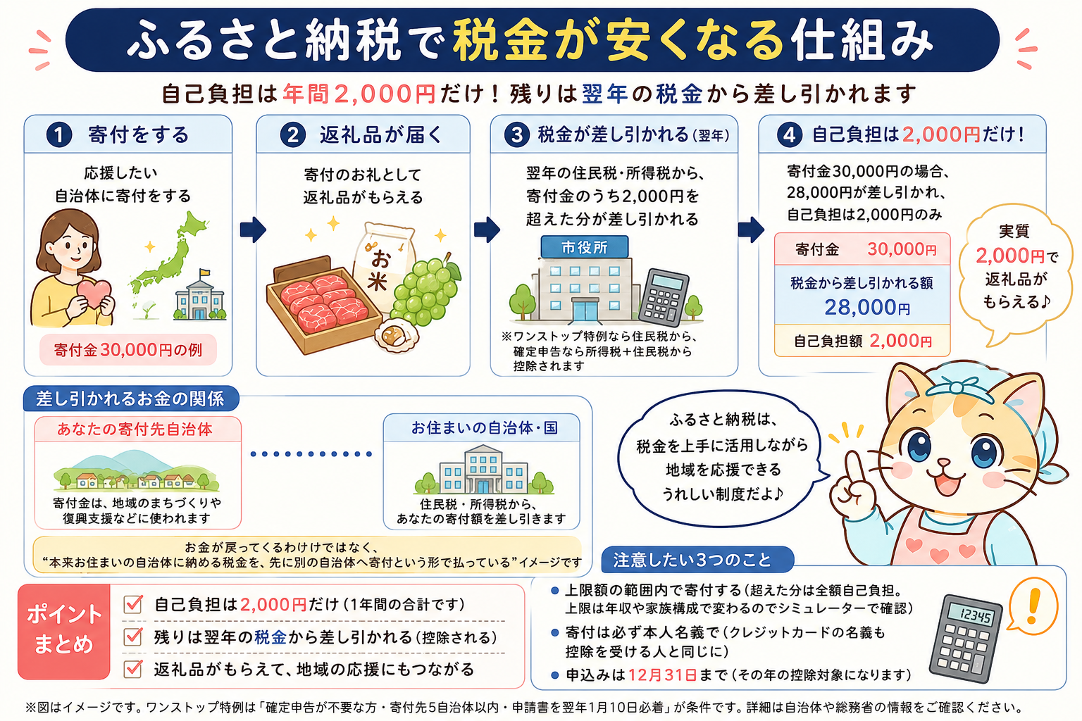 ふるさと納税で税金が安くなる仕組みを4ステップで解説した図